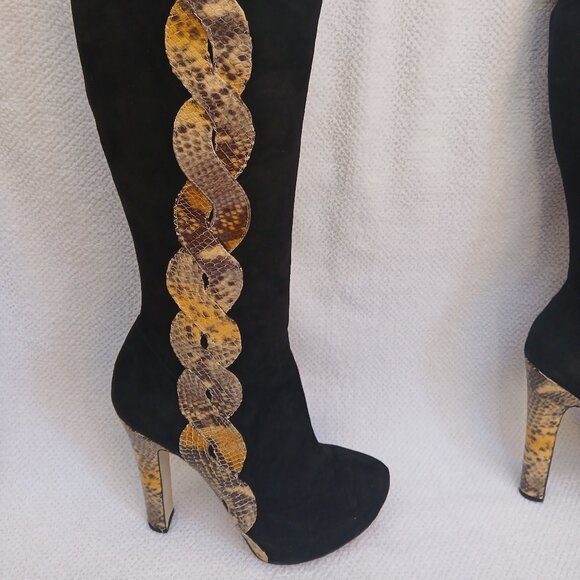 Black velvet stiletto platforms leather boots. - Picture 3 of 8